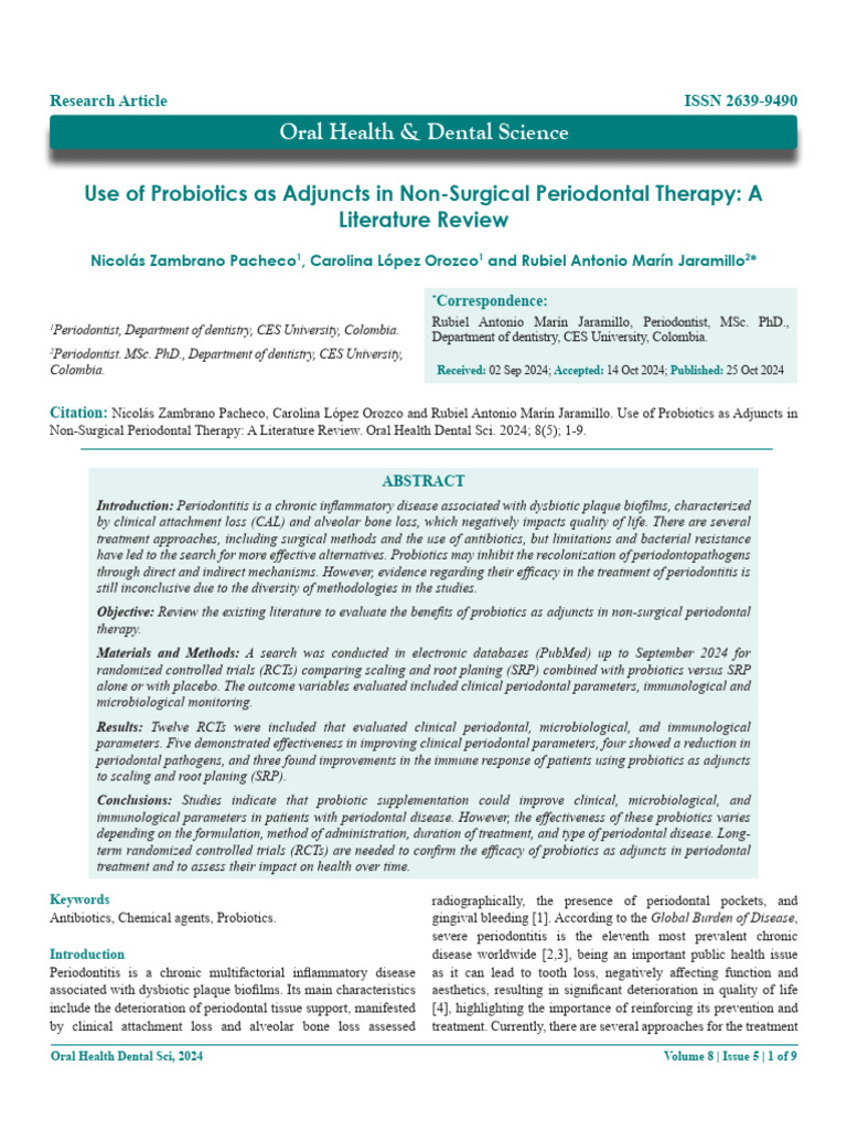 Use of Probiotics As Adjuncts in Nonsurgical Periodontal Therapy A ...