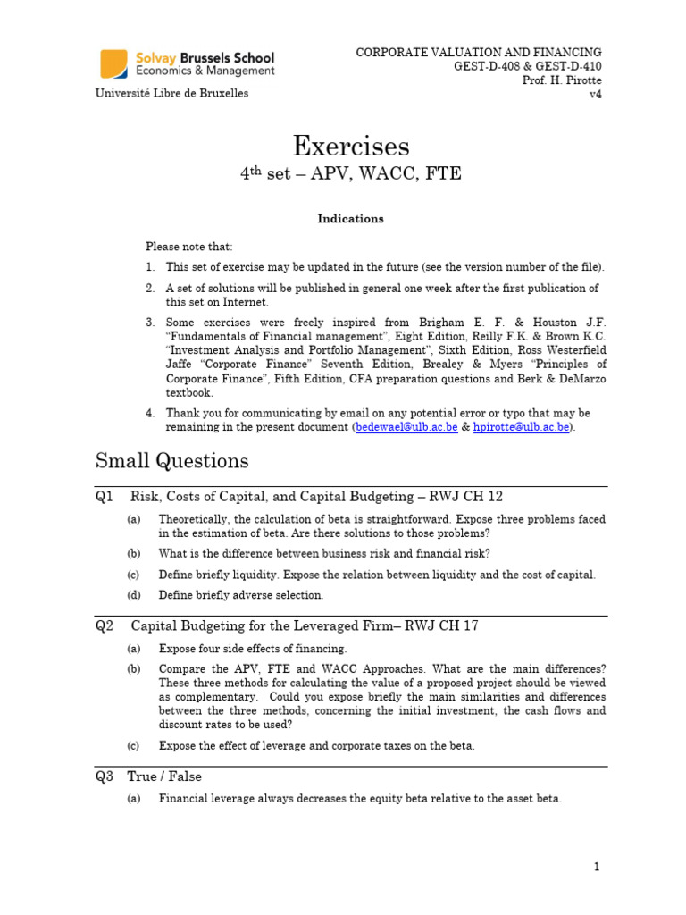 Corporate Valuation Exercises APV WACC FTE | PDF | Cost Of Capital ...