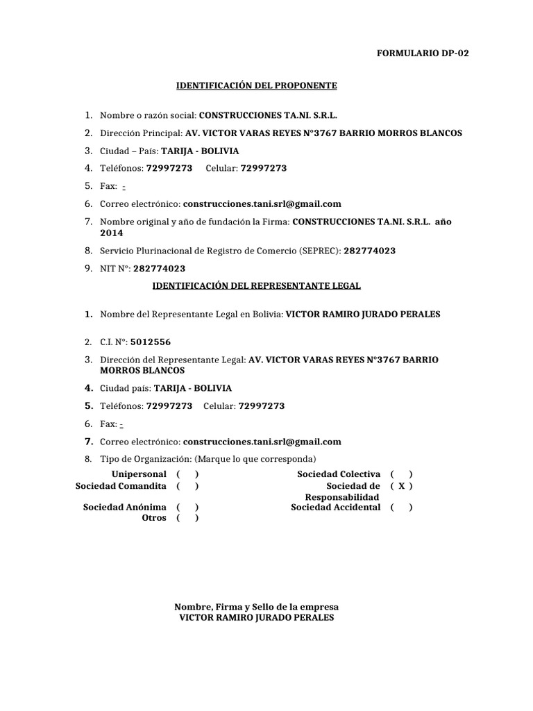 Formulario Dp-1 Identificacion Del Proponente | PDF