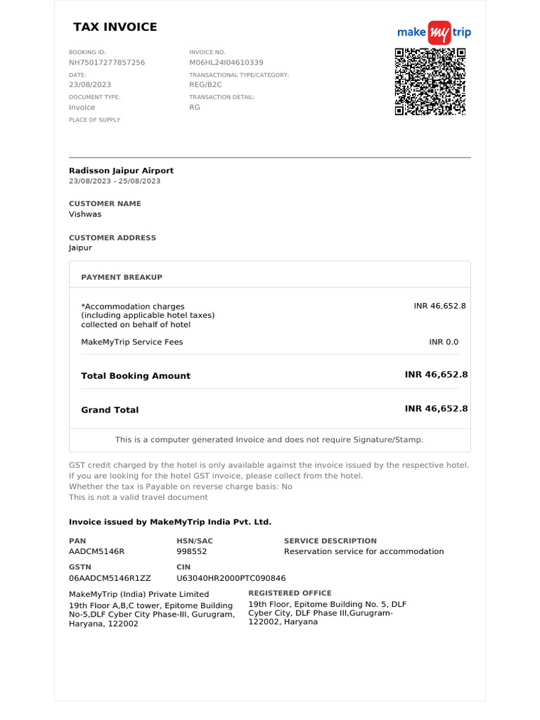 Mmtinvoice Hotel Sale Income M06hl24i04610339 | PDF