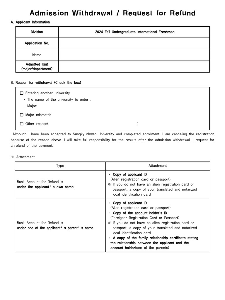 Admission Withdrawal and Refund Request | PDF | Identity Document ...