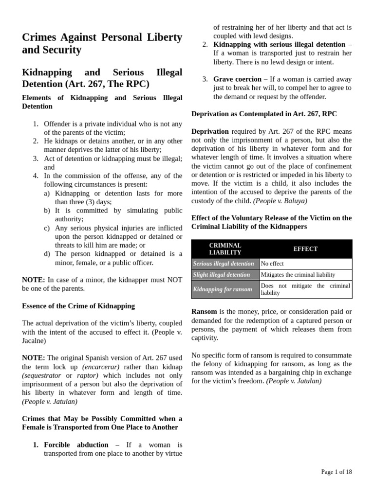 Kidnapping and Illegal Detention Guide | PDF | Detention (Imprisonment ...