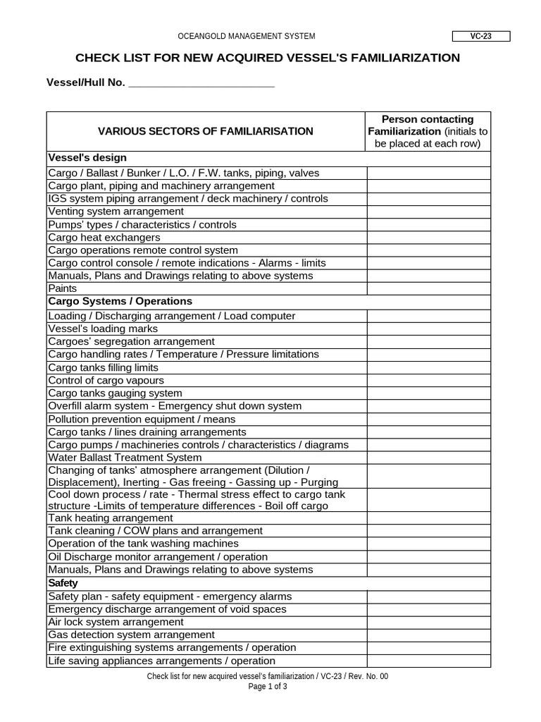 VC-23 - 00 (Check List For New Acquired Vessel's Familiarization) | PDF ...