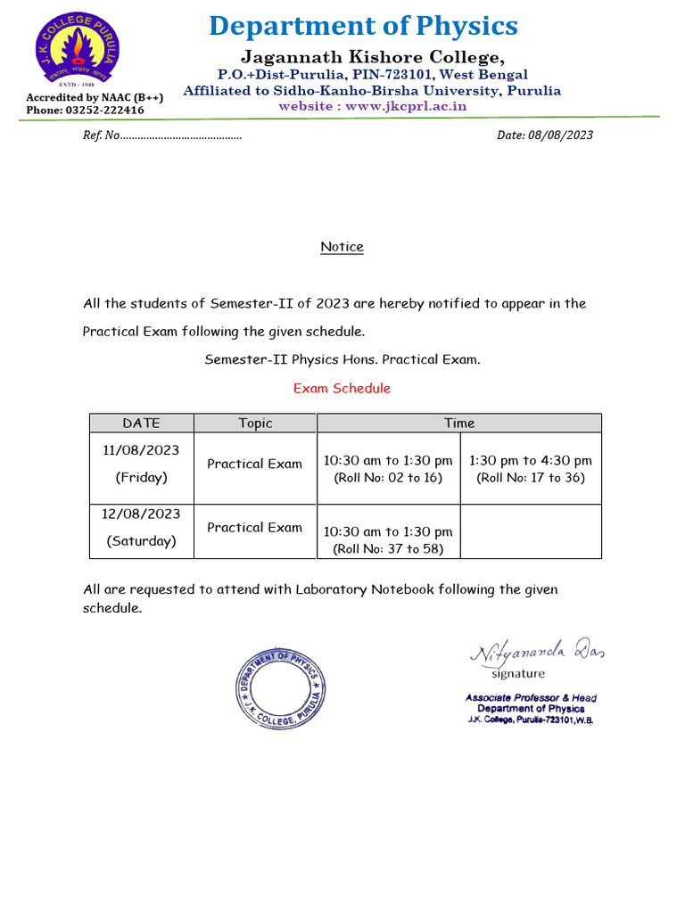 Semester-II Physics Practical Exam Schedule | PDF