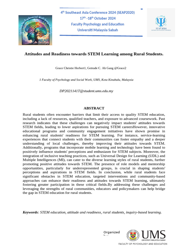 SEAP2024 Attitudes and Readiness Towards STEM Learning Among Rural ...