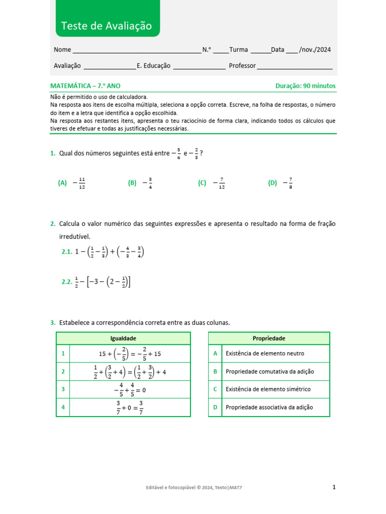 Teste de Matemática 7º Ano - Avaliação | PDF | Números | Triângulo
