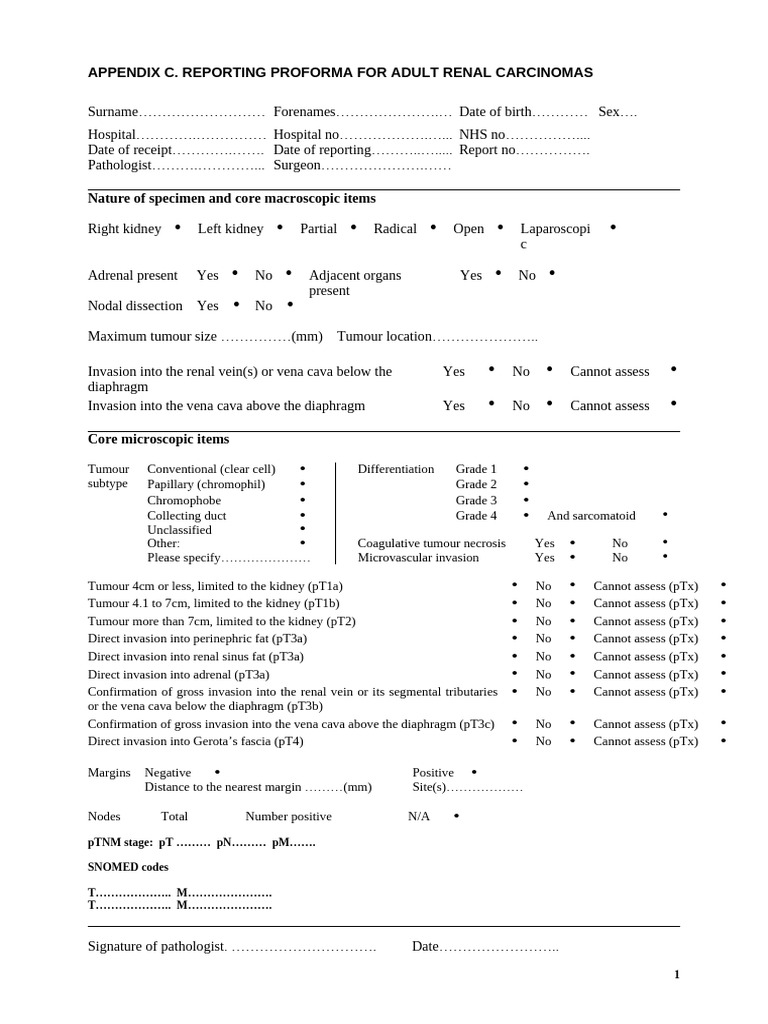 Adult Renal Carcinoma Reporting Proforma | PDF | Kidney | Abdomen