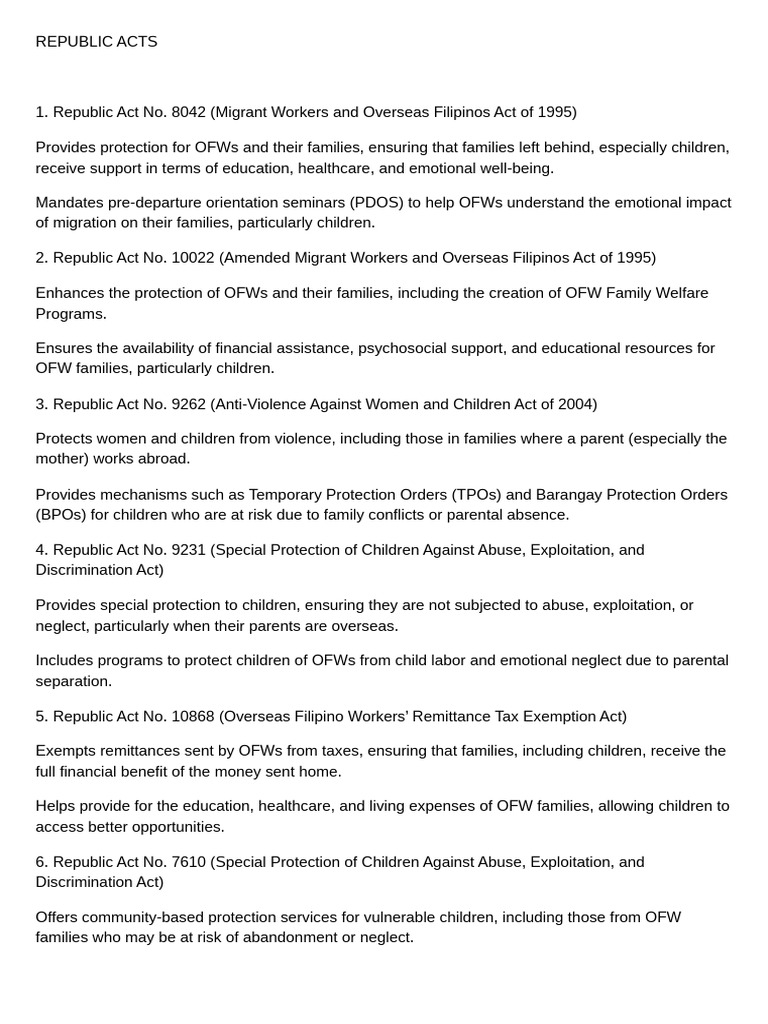 OFW Family Welfare and Protection Laws | PDF | Labor | Human Migration