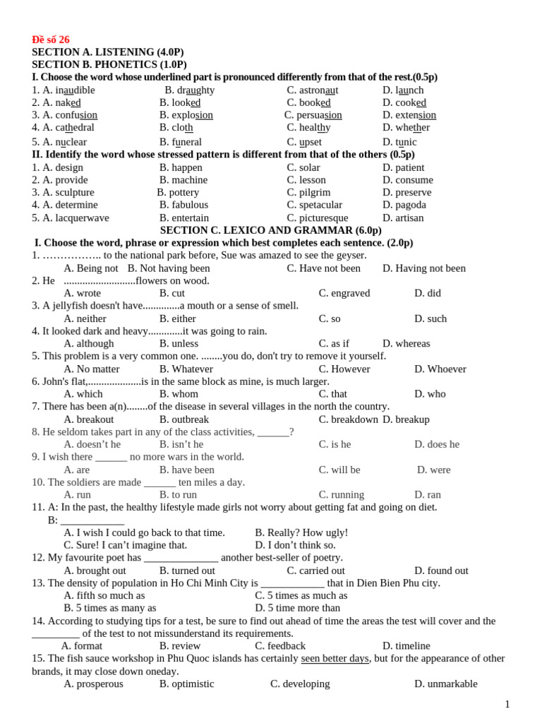 Listening and Grammar Test Sample | PDF | Language Arts & Discipline ...