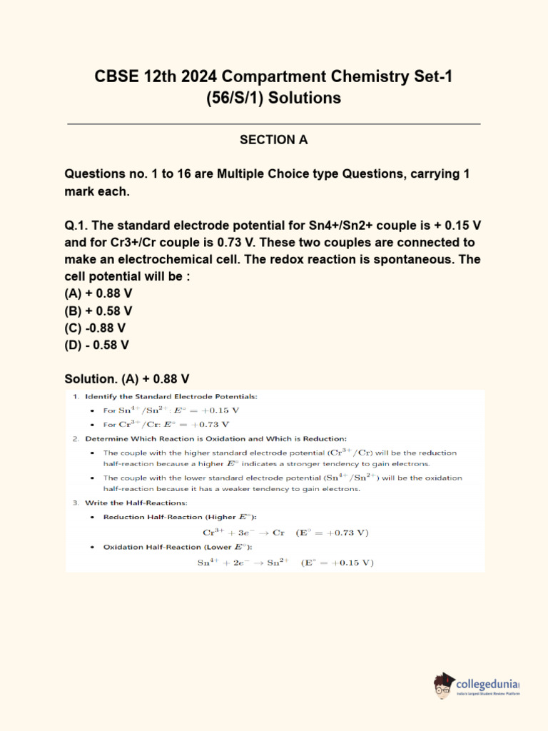 CBSE 12th 2024 Compartment Chemistry Set 1 56 S 1 Solutions | PDF ...