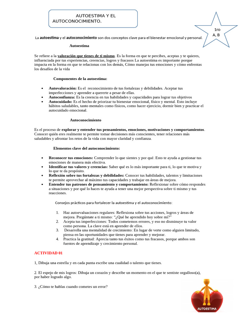 Ficha de Autoestima y Autoconocimiento 1ro | PDF | Autoestima | Las ...
