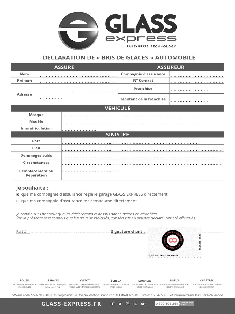 Déclaration de Bris de Glace Automobile | PDF | Assurance | Secteurs du ...