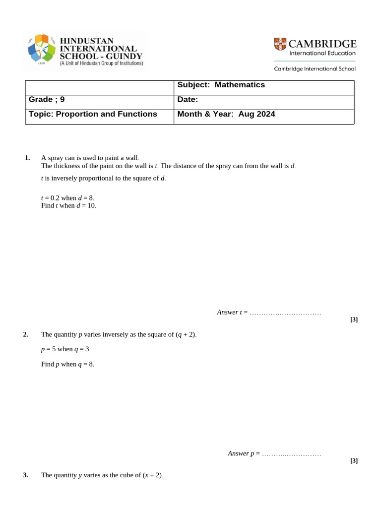 Subject: Mathematics Grade 9 Date: Topic: Proportion and Functions ...