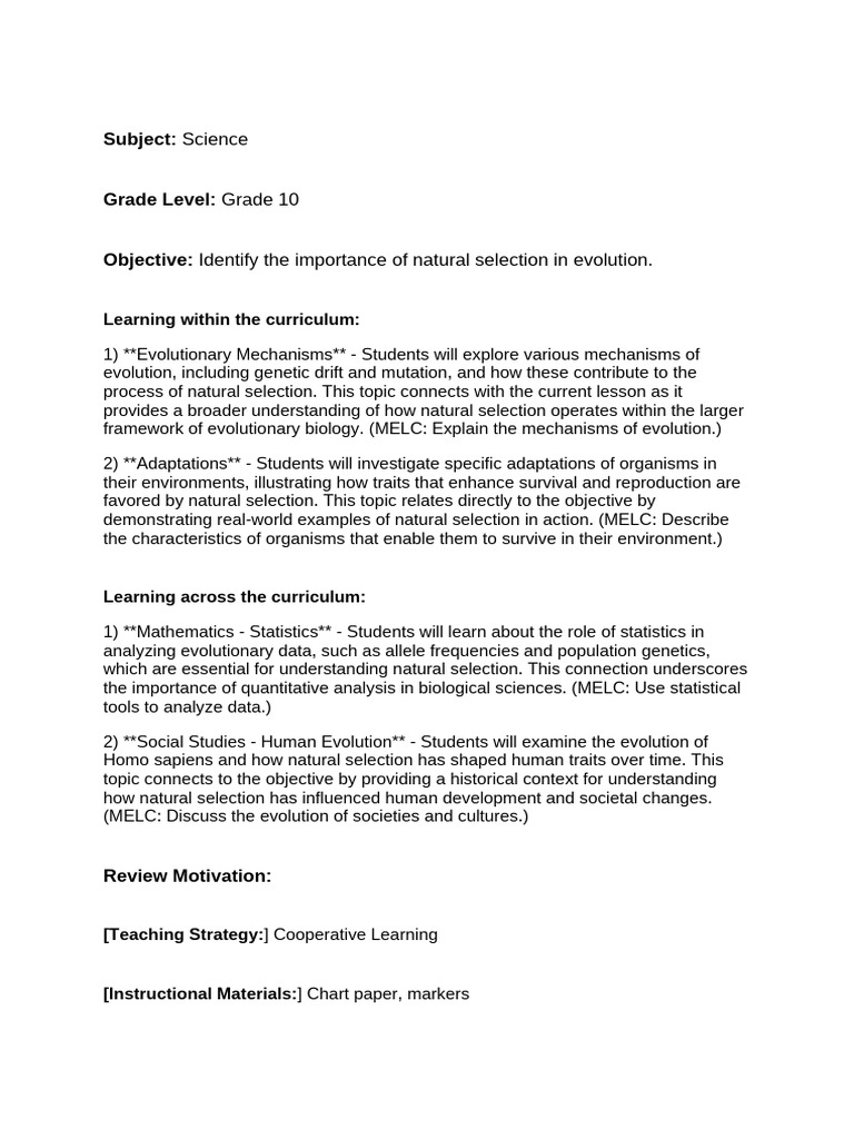 Natural Selection in Evolution for Grade 10 | PDF | Natural Selection ...