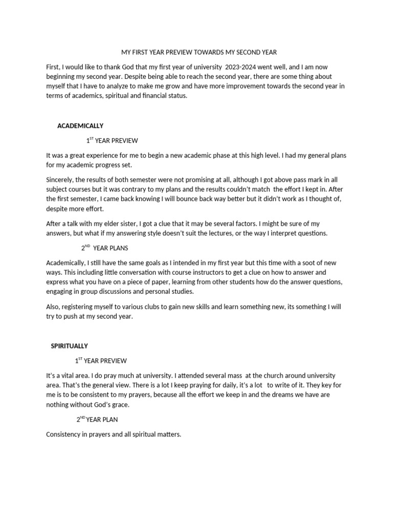 My First Year Preview Towards My Second Year | PDF | Prayer