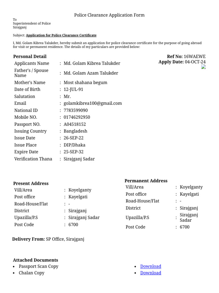 Police Clearance Certificate Application | PDF | Government And Personhood