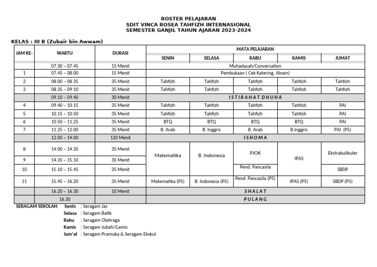 Roster Pelajaran Kelas 3B - 115727 | PDF