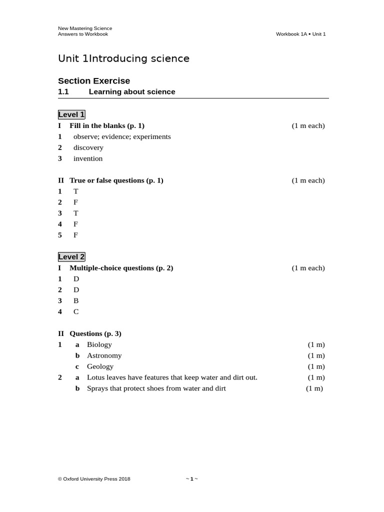 Mastering Science Workbook 1A Answers | PDF | Science | Volume