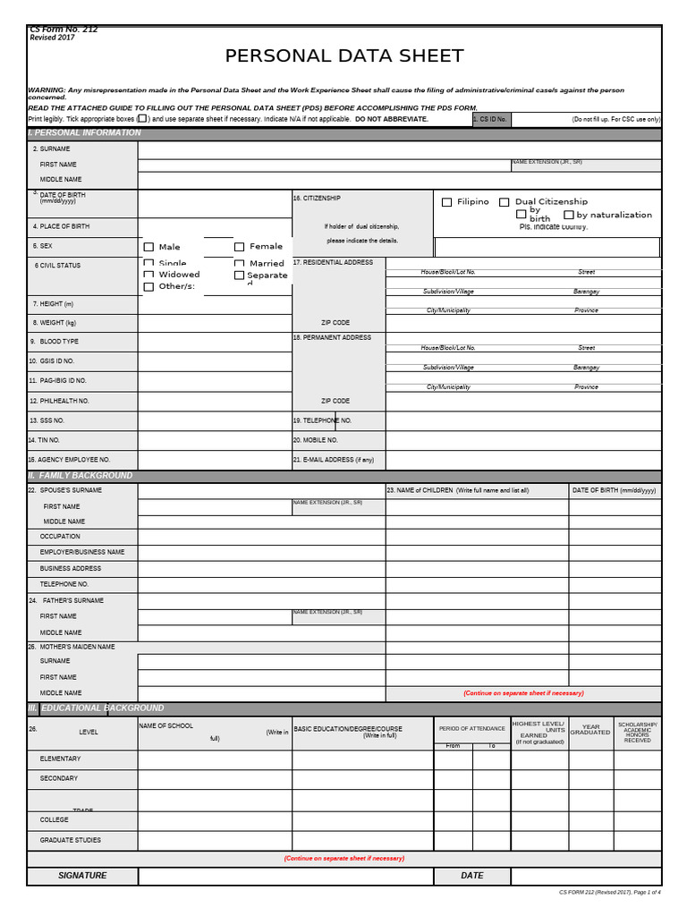 PDS CS Form No. 212 Personal Data Sheet Excel Format2 2 | PDF ...