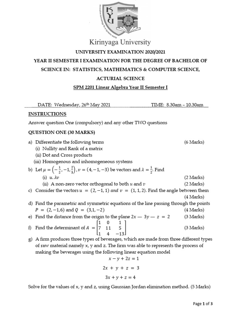 SPM 2201 Linear Algebra Year II Semester I | PDF | Linear Algebra ...