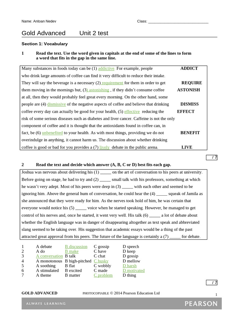 Vocabulary and Grammar Test Guide | PDF | Coffee | Caffeine