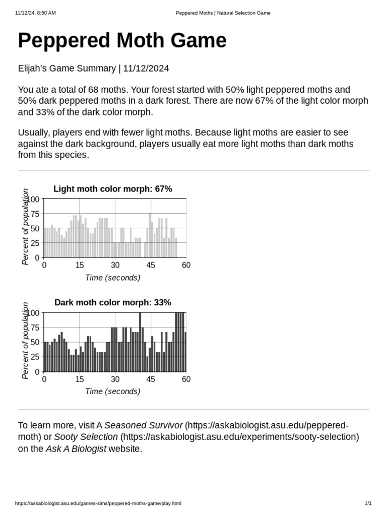 Peppered Moth Game Results Summary | PDF