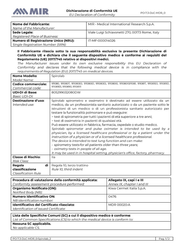 Declaration of Conformity - Spirolab | PDF