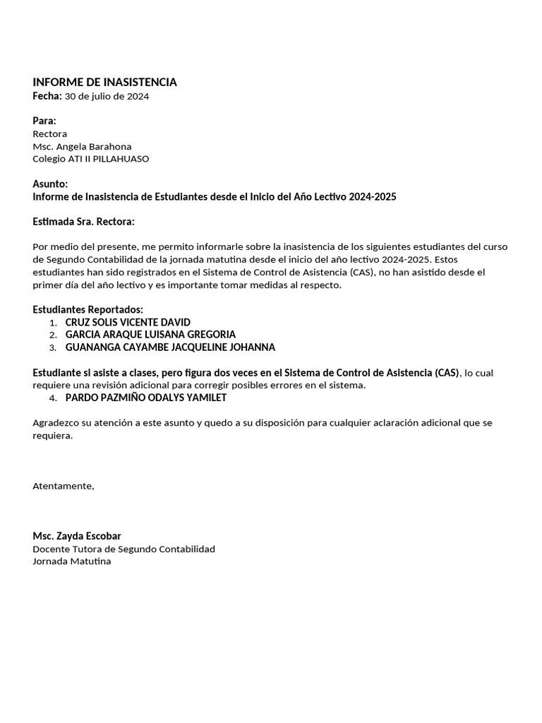 Informe de Inasistencia Estudiantes 2024-2025 | PDF