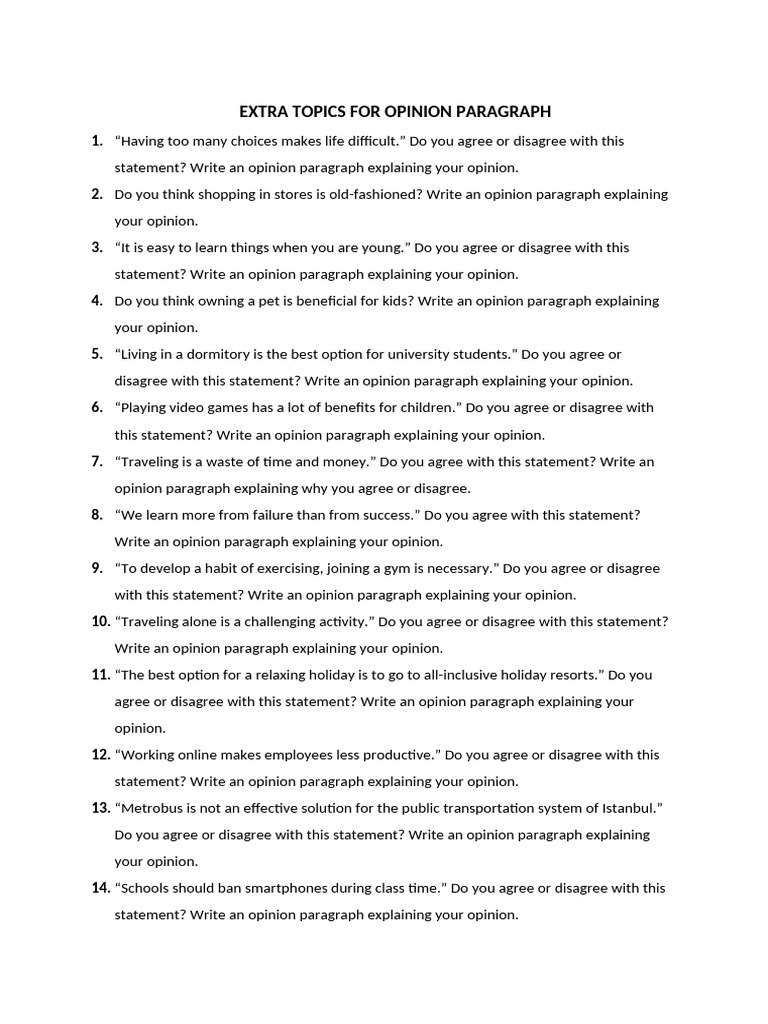 Extra Topics For Opinion Paragraphs | PDF