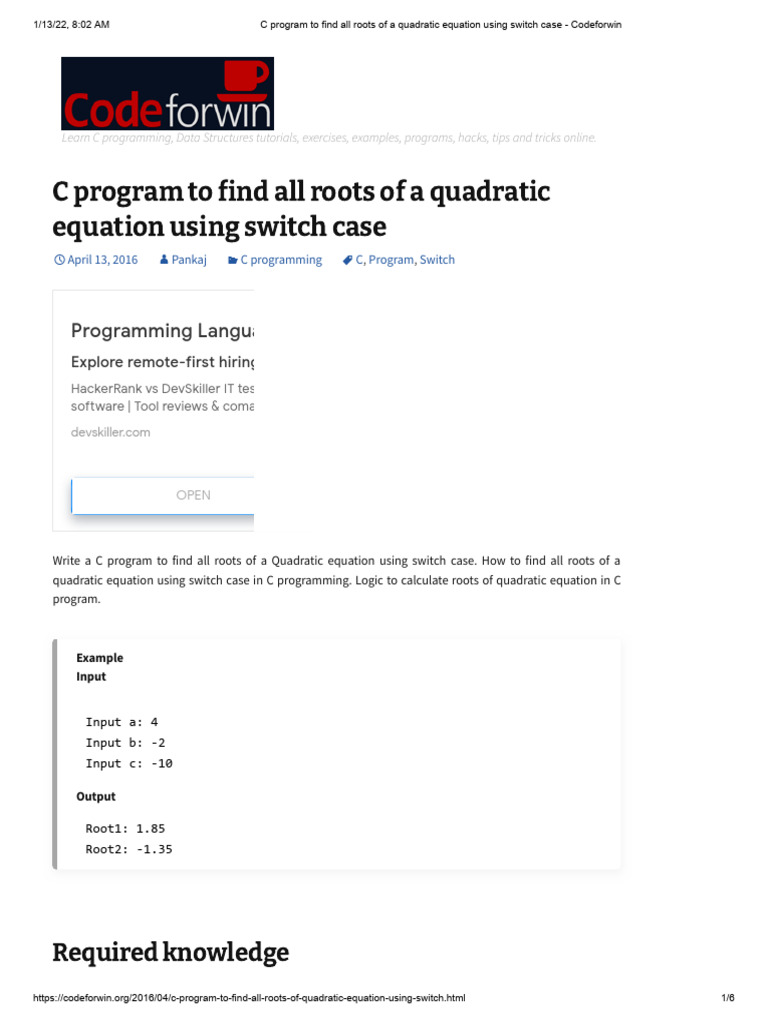 C Program To Find All Roots of A Quadratic Equation Using Switch Case ...