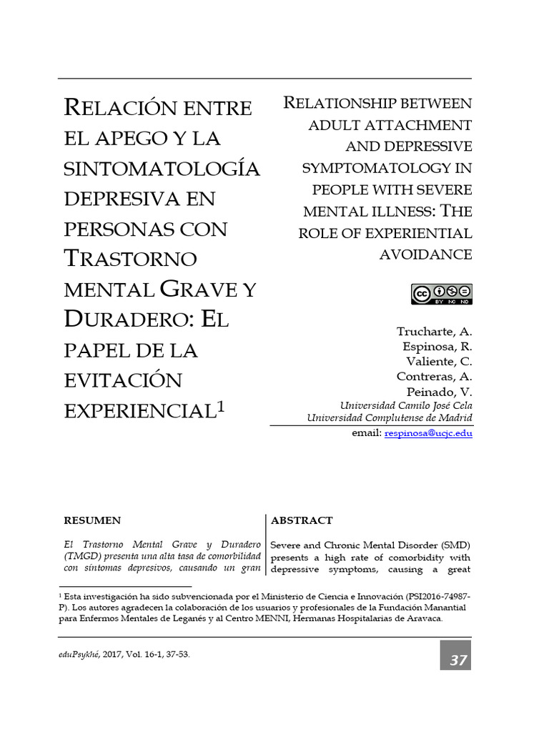 Elación Entre El Apego Y La Sintomatología Depresiva en Personas Con ...