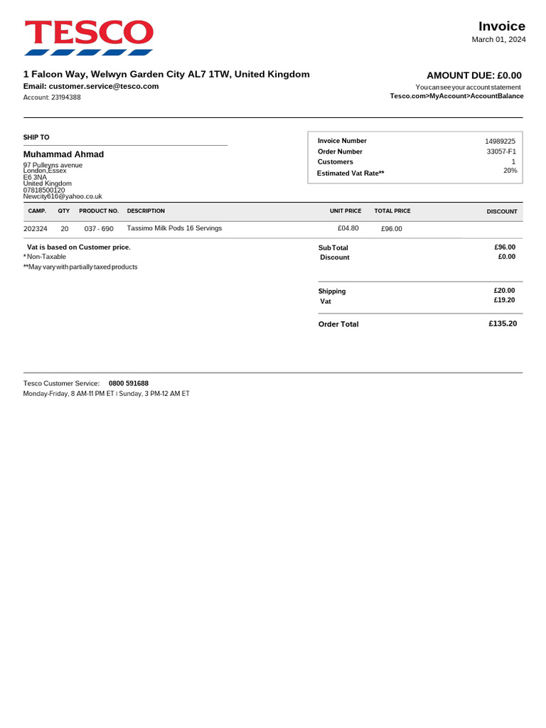 Tesco Invoice and Customer Service Details | PDF