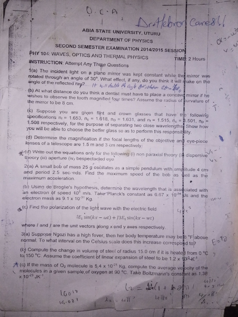 DR Hebron Phy104 Past Questions PDF