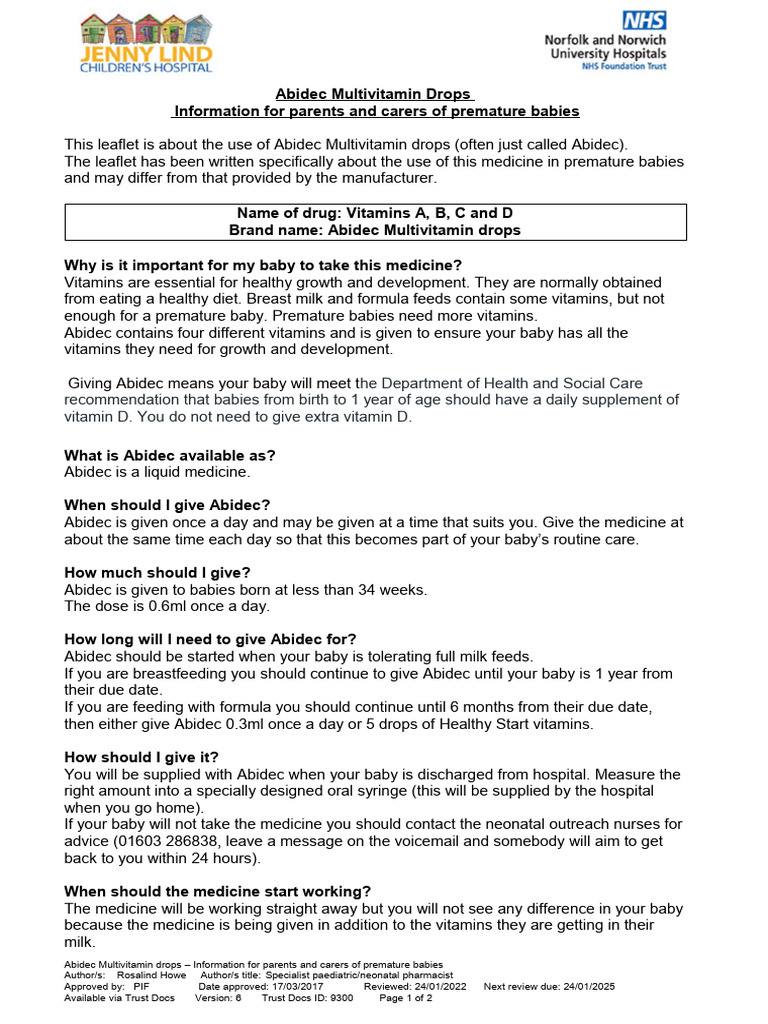 Abidec Dosage for Premature Babies | PDF | Infants | Breast Milk