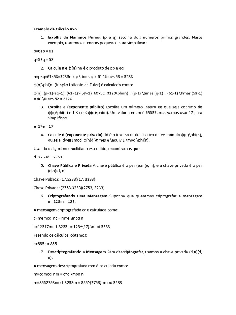 Exemplo de Cálculo RSA | PDF | Funções e mapeamentos | Matemática
