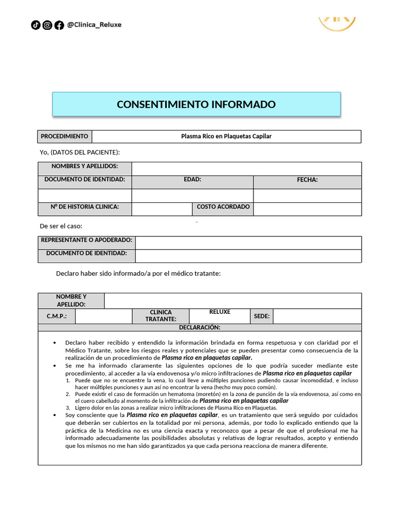 Consentimiento Informado PRP | PDF | Consentimiento informado | Plaqueta