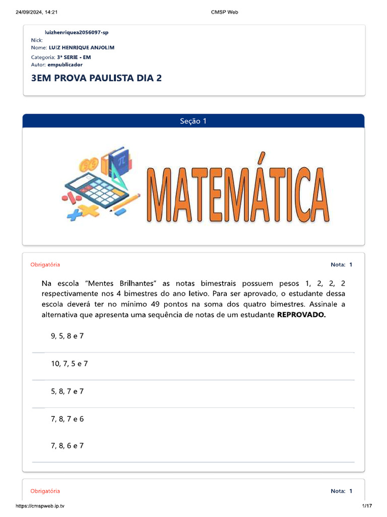 Prova Paulista 3 Ano 2 Dia 3 Bimestre | PDF