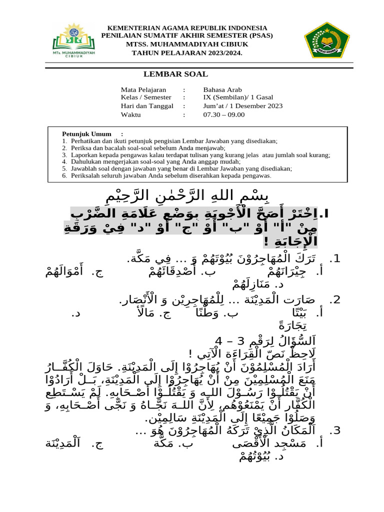 Soal Bahasa Arab Kelas 9 Ganjil 2023 | PDF