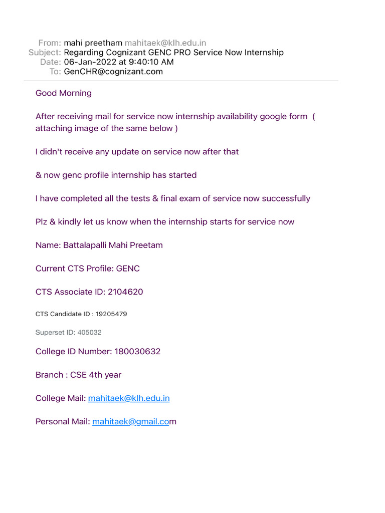 Inquiry About ServiceNow Internship Start | PDF