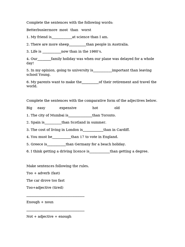 English Grammar Exercises: Comparatives & Sentence Completion | PDF ...