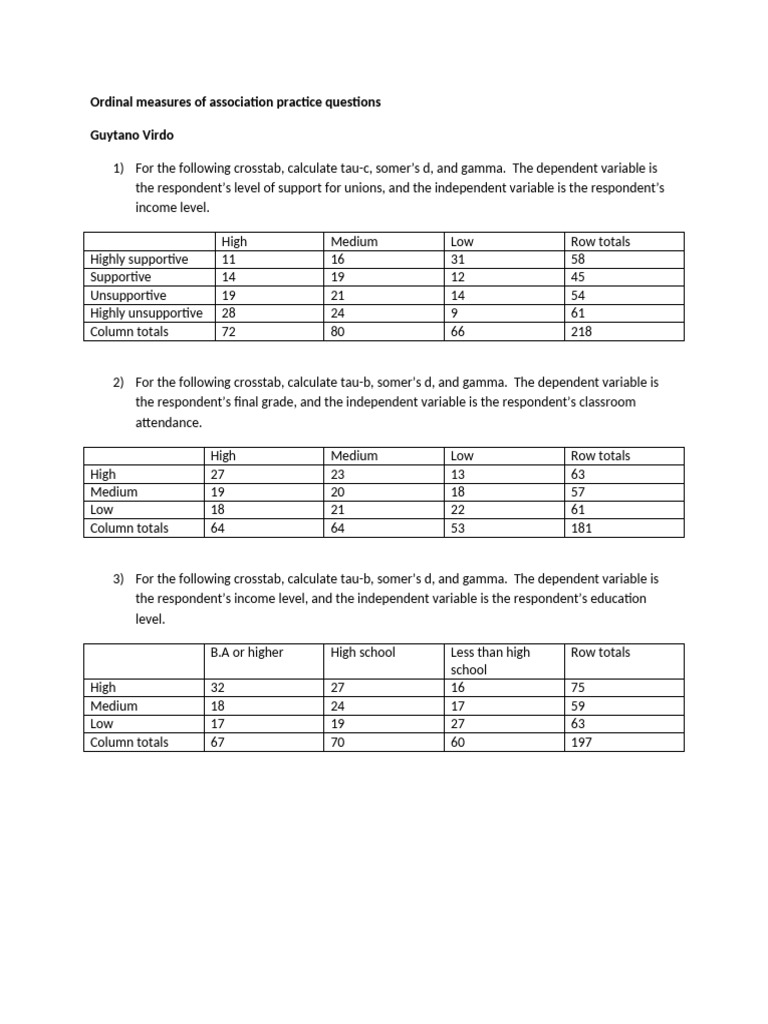 Ordinal Measures of Association Practice | PDF
