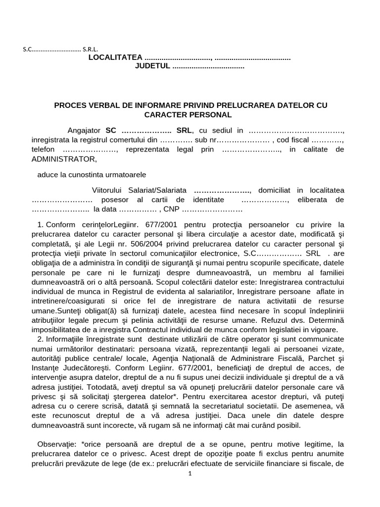 Proces Verbal Informare Prelucrare Date | PDF