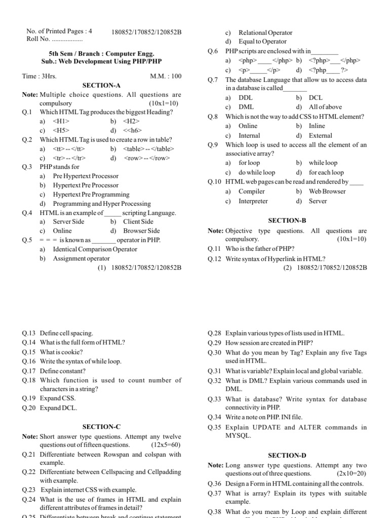 5th Sem / Branch: Computer Engg. Sub.: Web Development Using PHP/PHP ...
