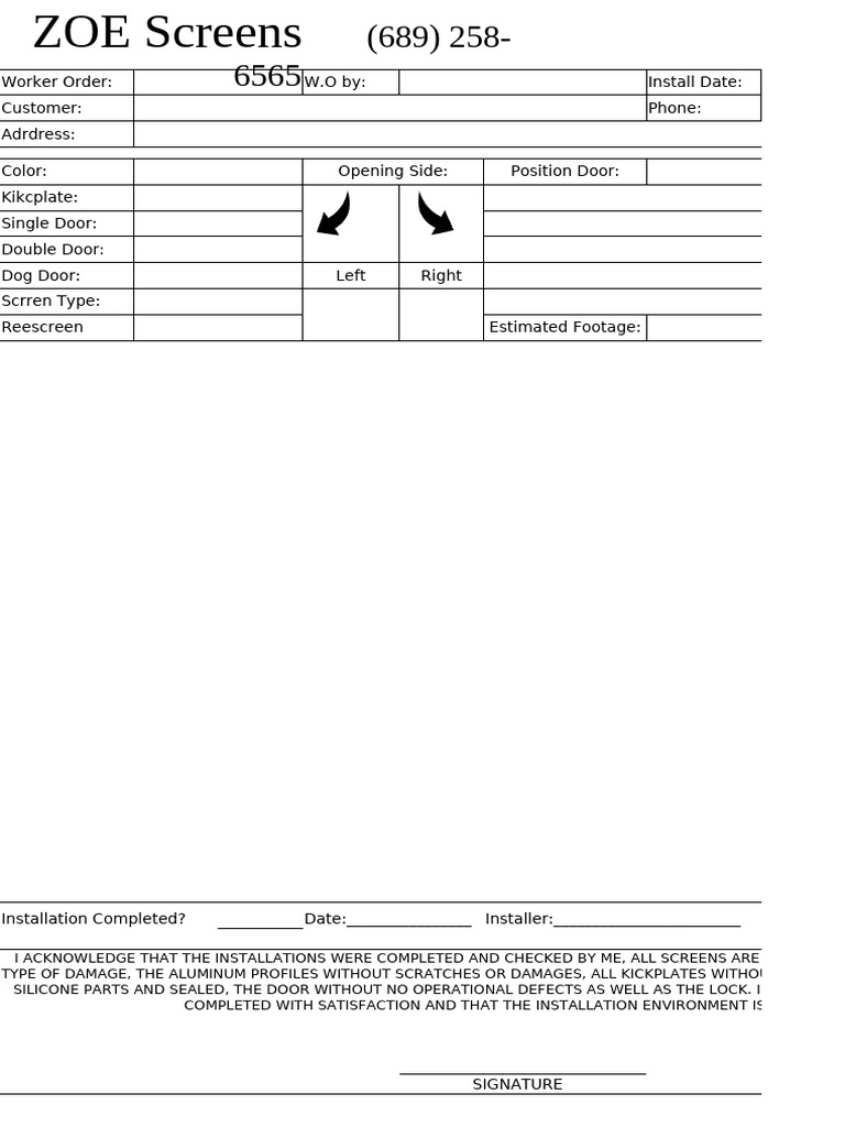 Screen Door Installation Order Form | PDF