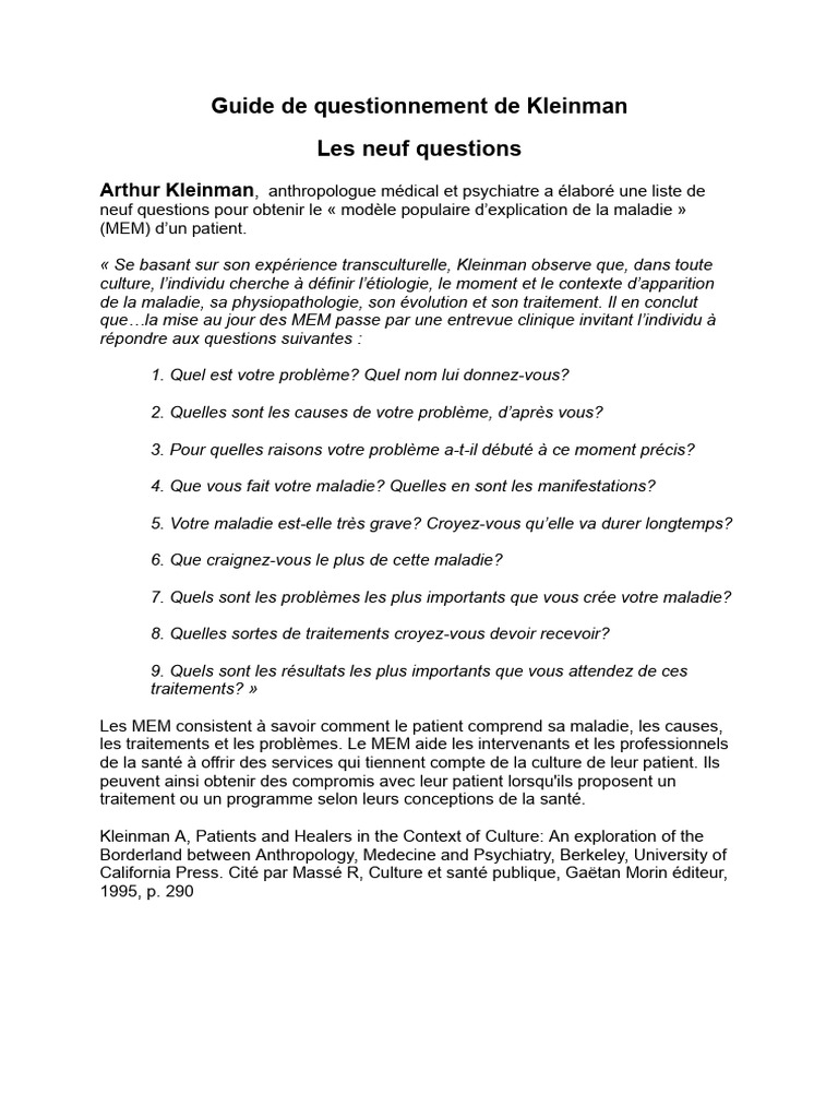 Questions de Kleinman sur la maladie | PDF
