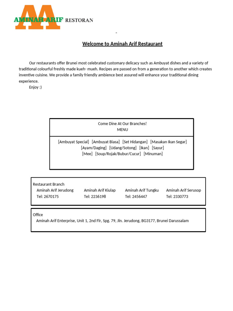 Aminah Arif Restaurant Menu Overview | PDF