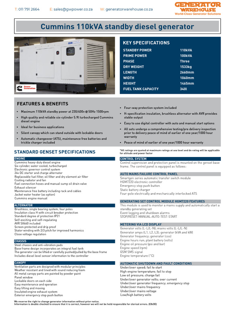 Cummins 100kVA Diesel Generator Specs | PDF | Diesel Engine | Electric ...