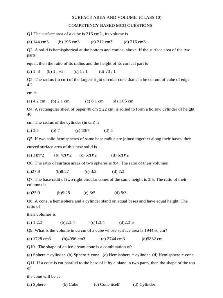 Class 10 Surface Area & Volume MCQs | PDF | Sphere | Area