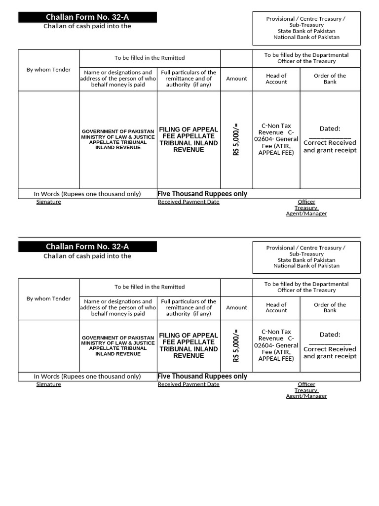 Appeal Fee Challan Form 32-A | PDF | Taxes | Payments