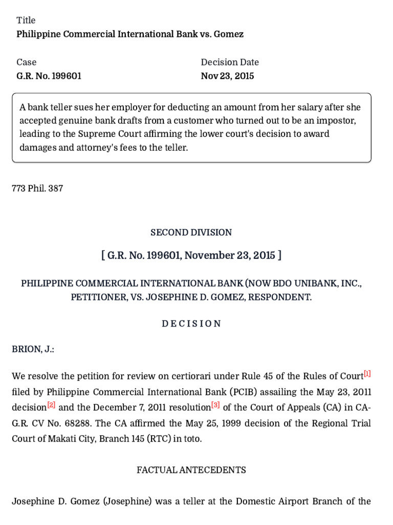 PCIB vs. Gomez: Salary Deduction Case | PDF | Cause Of Action | Burden ...
